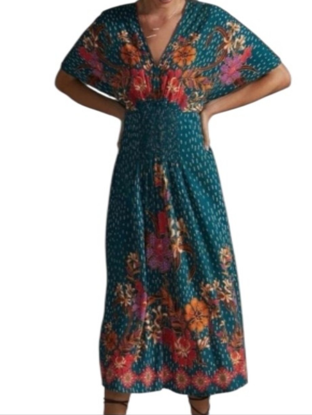 Blank Anthropologie The Tatiana Kaftan London Teal Floral V-Neck Midi Dress-NWT